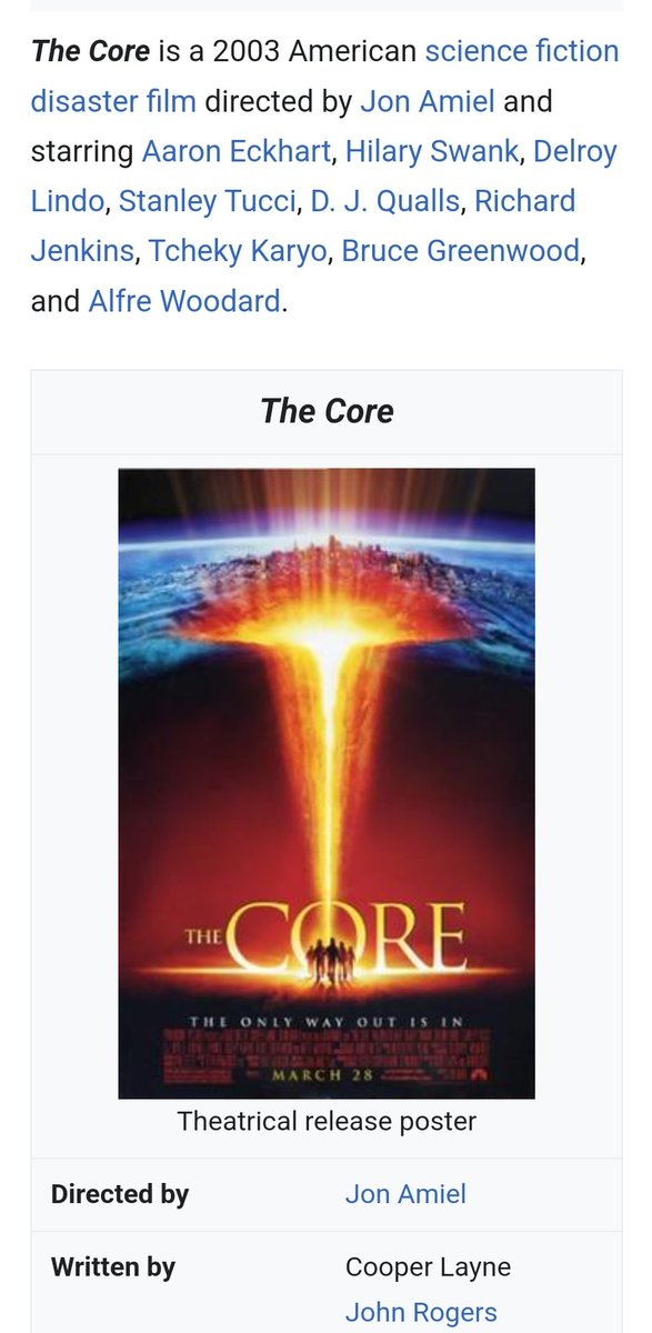 @ParamountPics @01Distribution @fugueur @jonrog1 

With all of the Technological advancements in #movies over the last 20 + years (#CGI, #4K, etc).... #ParamountPictures SHOULD REALLY look into doing a #Remake of that disaster #movie, 'The Core'.