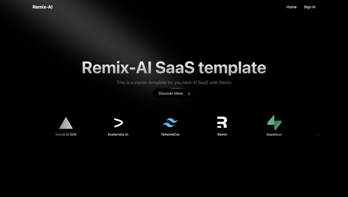 Updates on this @remix_run AI starter using @vercel’s AI SDK: - Added @supabase , @aceternitylabs and @shadcn UI ✅ . - Did some UI improvements on the hero section ✅ . You can check it here : remix-ai.vercel.app