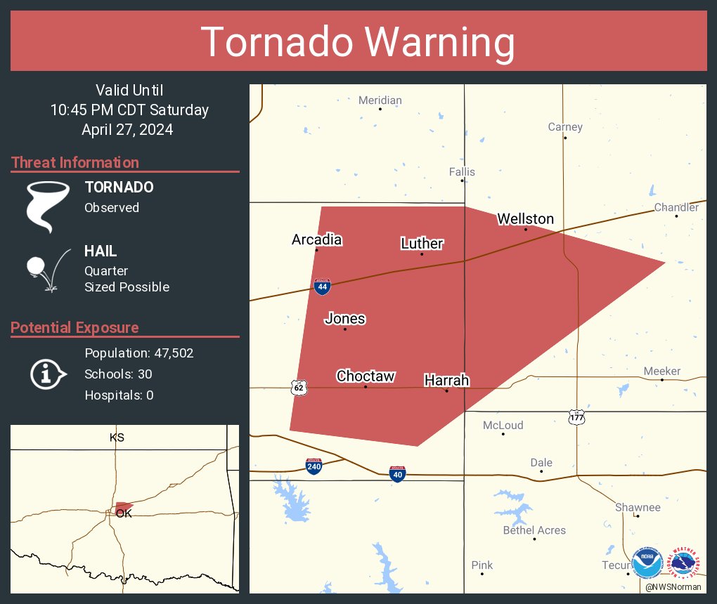 Tornado Warning including Choctaw OK, Harrah OK and Jones OK until 10:45 PM CDT