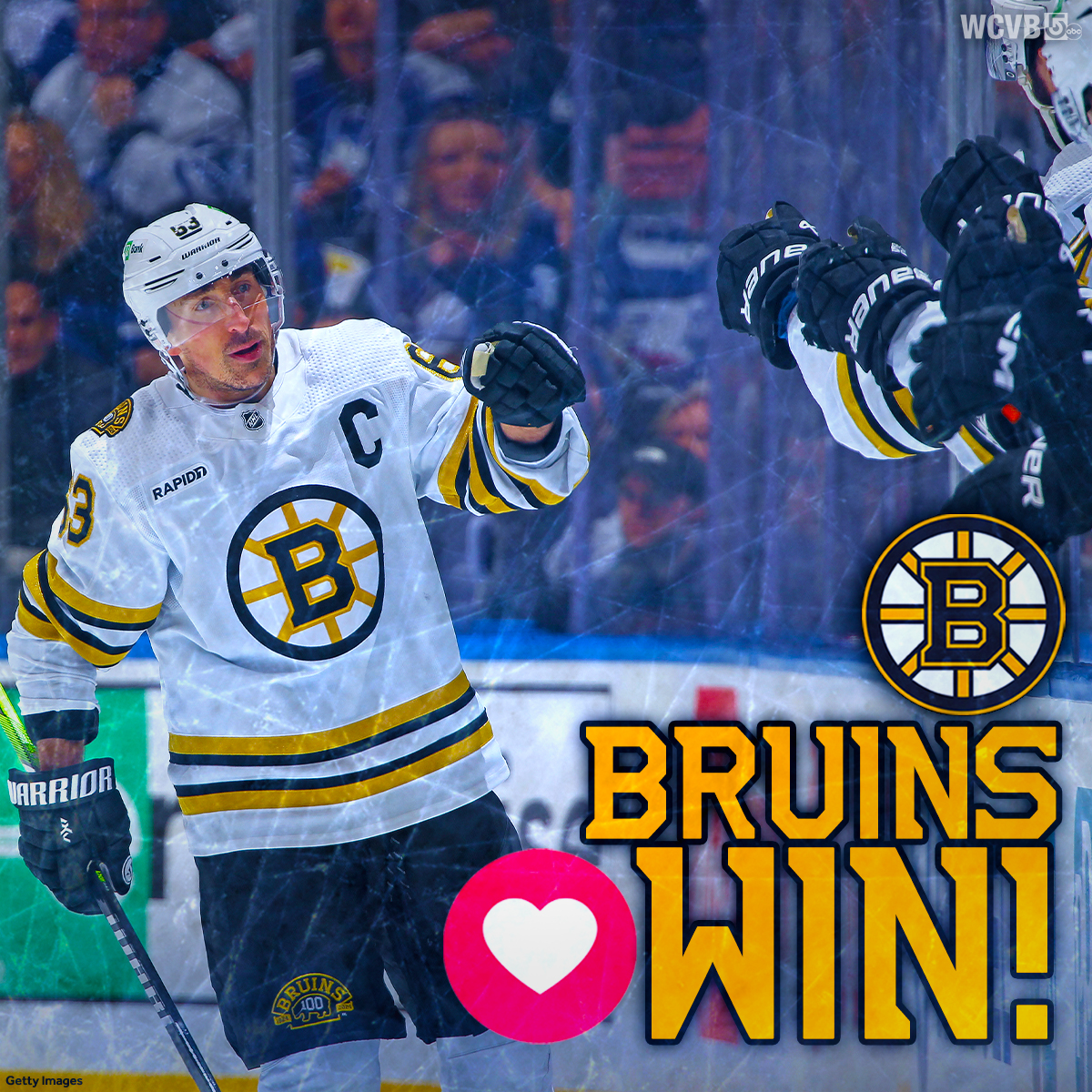 BRUINS WIN!! 🏒❤️🔥 Brad Marchand had a spectacular night in Toronto, and the Bruins head back home with a chance to close out this series on Tuesday night. Share you love for Brad & the B's! 🏒❤️
