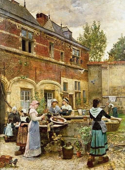 ” Alms Houses, Antwerp ” (1880) Artist William Logsdail (Lincoln 1859 – 1944 Noke) English landscape, portrait and genre painter. He exhibited at the Royal Academy, the Royal Society of British Artists, the Grosvenor Gallery, the New Gallery (London), and others.[1]