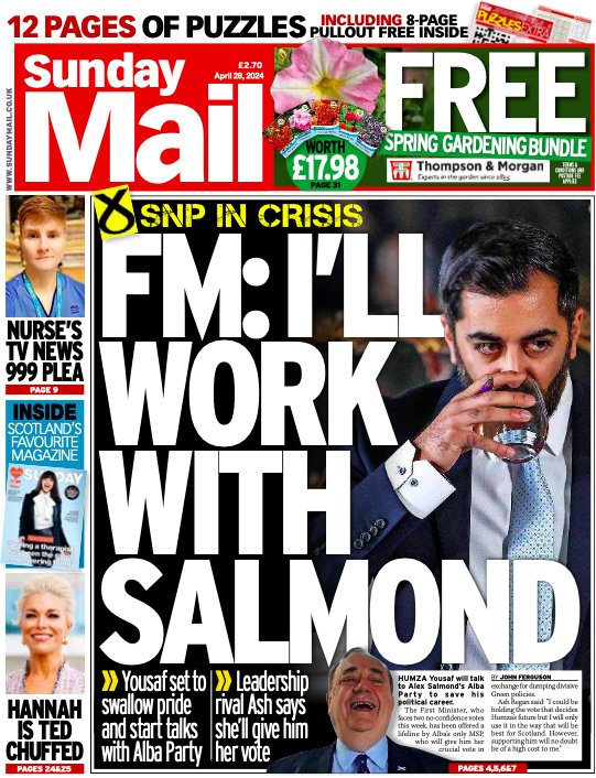 Écosse. Le 1er ministre #HumzaYousaf (#SNP) face à une crise, à sa propre initiative. Il rejette tout pacte 'fantaisiste' avec #AlexSalmond (Alba), ce qui pourrait lui être fatal au Parlement écossais si #AshRegan vote la censure.