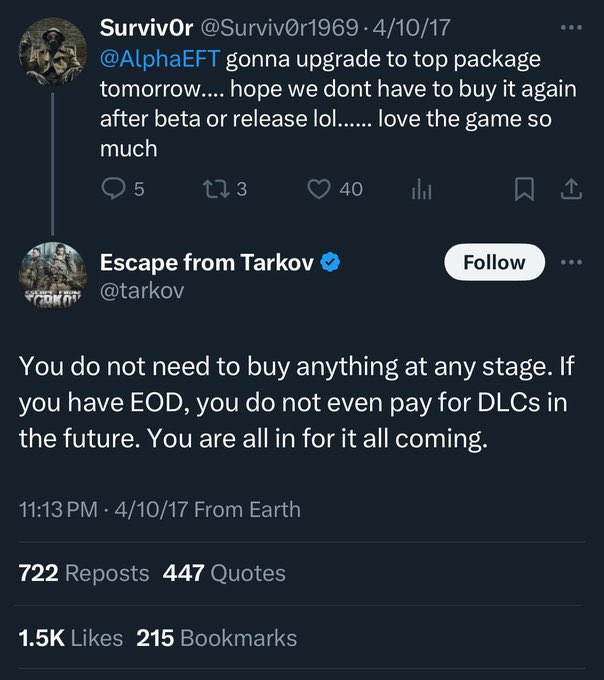 Dear BSG/Tarkov/Nikita,

In case you forgot, these are your words. Over and over again. 

And learn the definition of DLC. 🙄