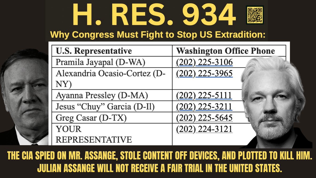 Week of April 29th: #5CallsPerDay4Assange
Let's focus on these 5 representatives who cosigned the #McGovernMassieLetter last October, but have yet to cosponsor #HRes934!
@RepJayapal @AOC @RepPressley @RepChuyGarcia @RepCasar 
@TheJusticeDept
#DropTheCharges #FreeAssangeNOW