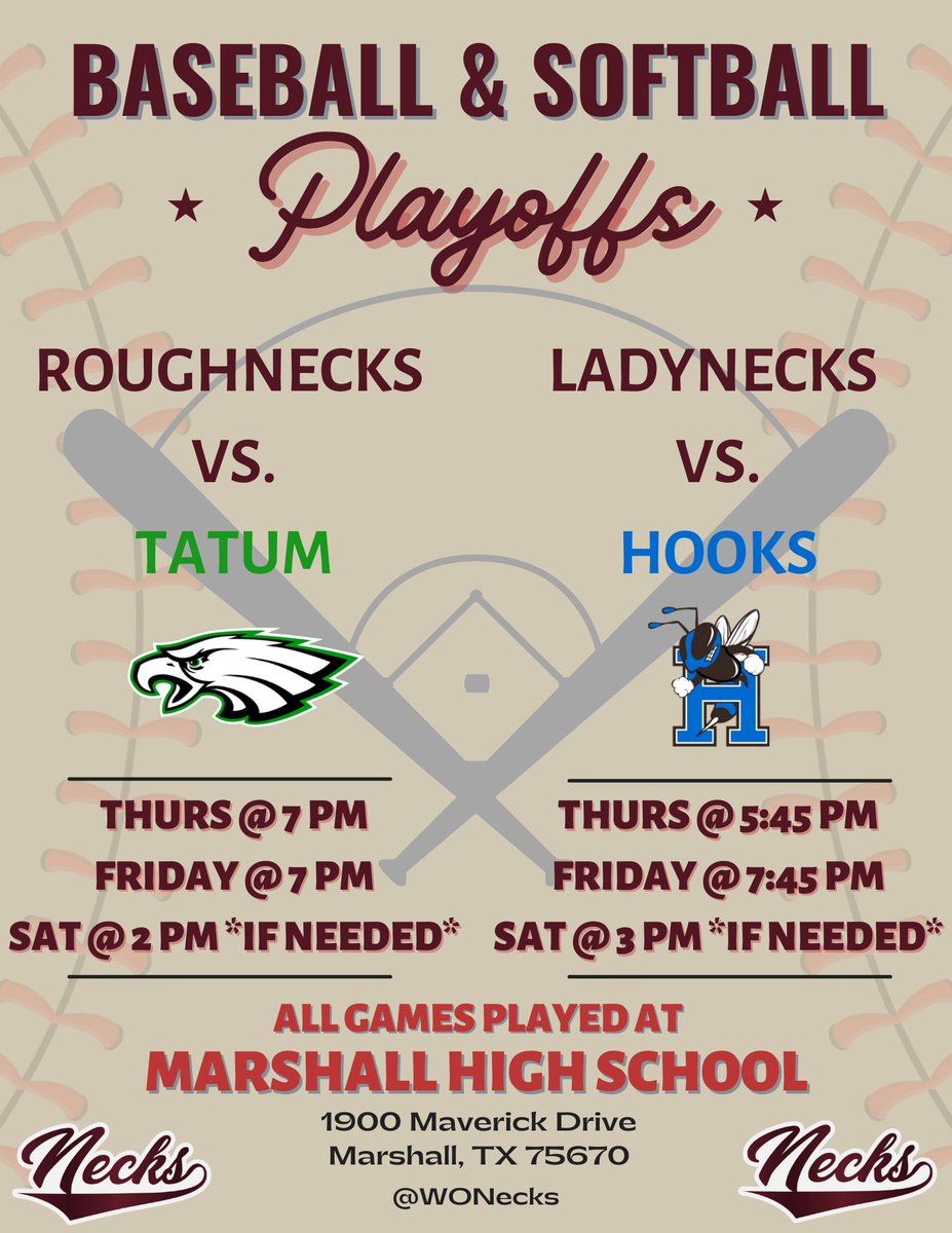 Baseball & Softball Playoff Series are set! Both teams will be playing at Marshall High School on the same nights! Come cheer on the Necks! #IBelieve #DTD