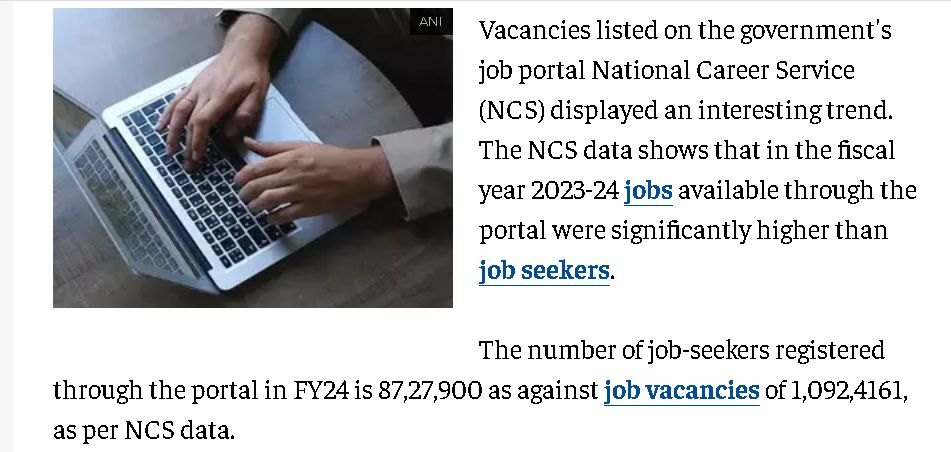 Am I reading it wrong?
An @EconomicTimes news item says, central government advertised more vacancies last year than there were job seekers for those posts!
To be exact, only 87,27,900 applied against 1,09,24,161 jobs, as per NCS data.
#unemployment #government #governmentofindia