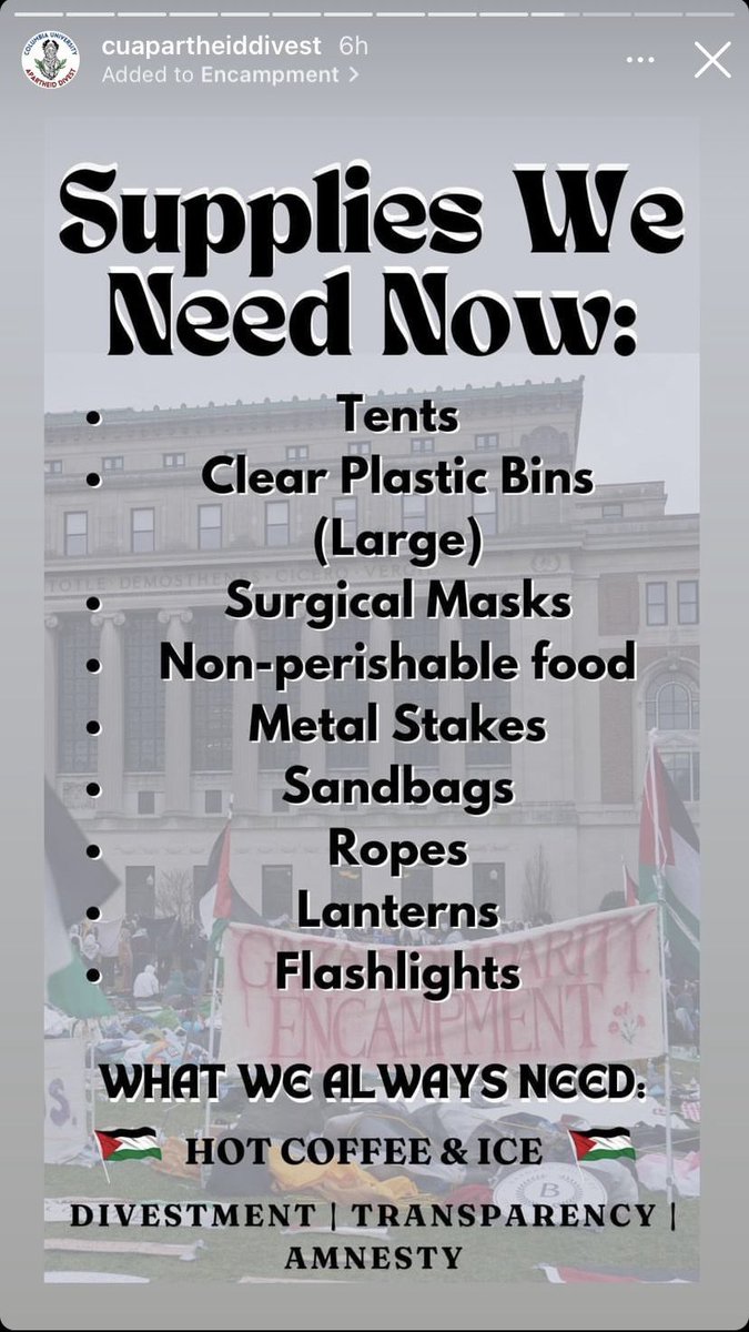 .@Columbia’s Pro-Hamas camp needs more supplies. There is no end in sight as to when this illegal occupation will end. 

The reputation of Columbia is at all time low. Perhaps, the university should officially change its name to Caliphate University.

#CallNationalGuard…