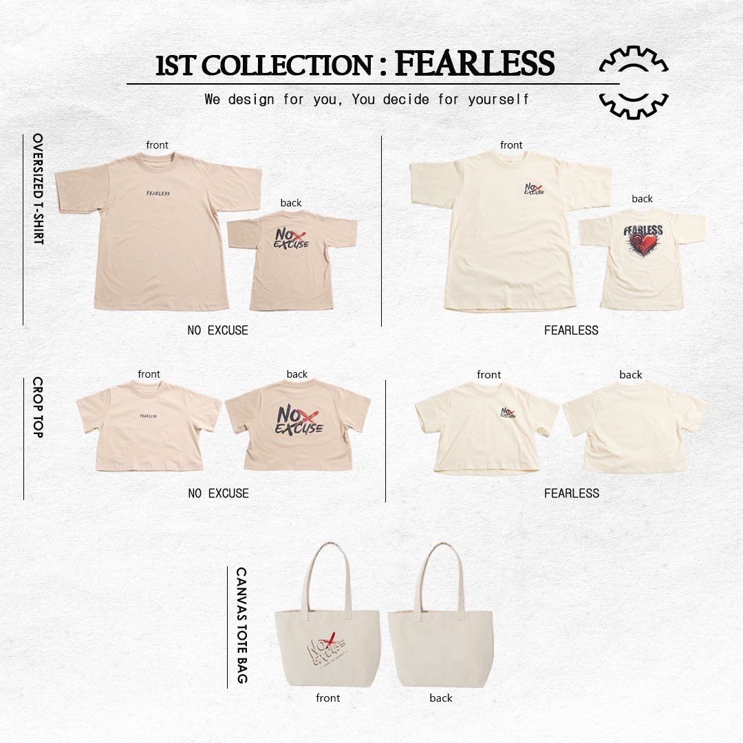 Pre-order 1st collection: FEARLESS
Period: Now until 12th May 2024, 23.59PM(TH)
Domestic Shipping Available via Google Form
forms.gle/wHcr3um9o7thPP…
International Shipping, please contact via LINE Official or E-mail
LINE: @noexcuse_bkk
E-mail: noexcuse.2567@gmail.com
#noexcuse_bkk