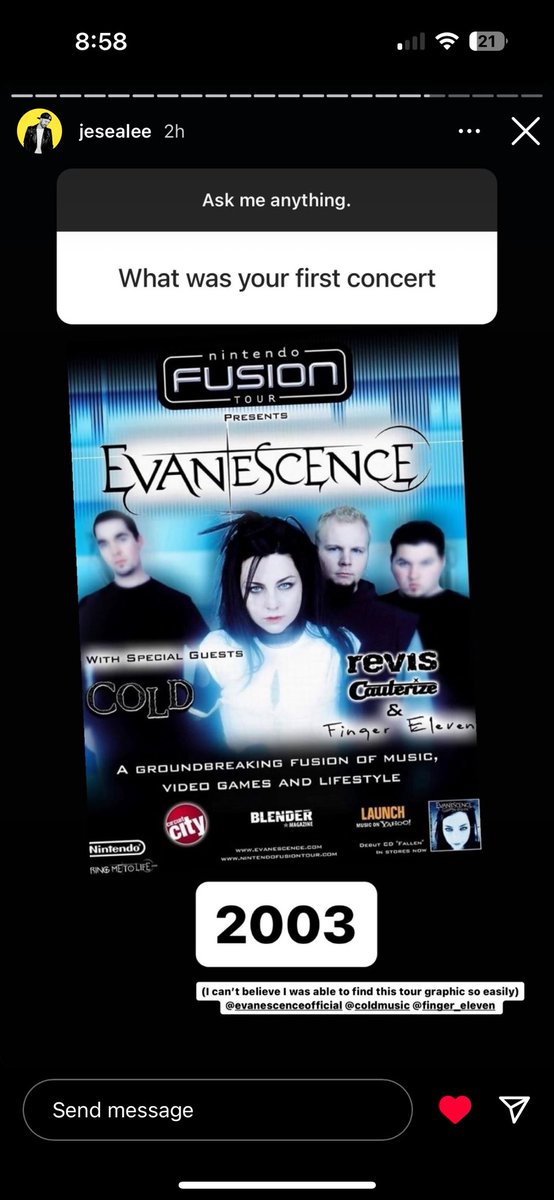 Jesea Lee from XM Octane shared what his first concert was. It’s a good’n! 
This tour was my first time seeing Evanescence at the Colorado State Fair. August 2003.