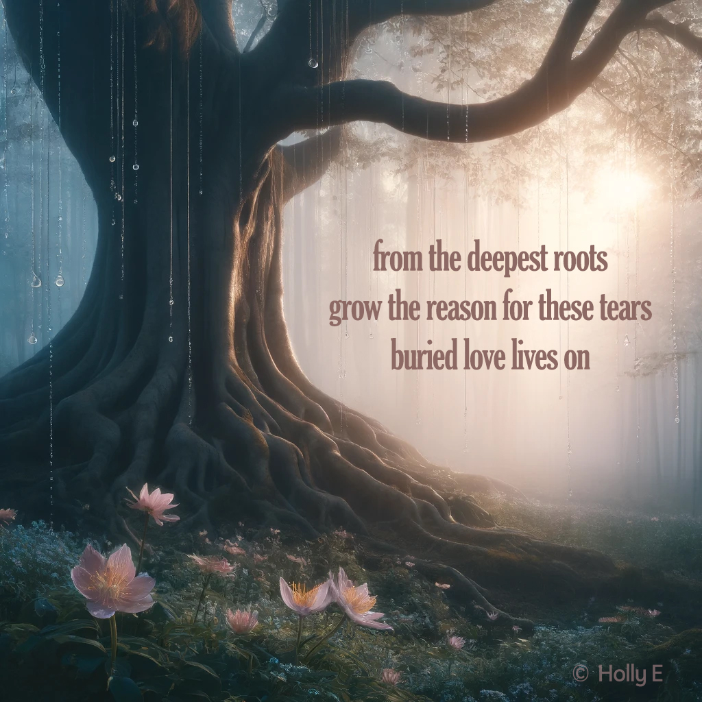 from the deepest roots
grow the reason for these tears
buried love lives on

#haiku #haikuSaturday #micropoetry #WritingCommmunity #poetrylovers #poetrycommunity #PoetryMonth