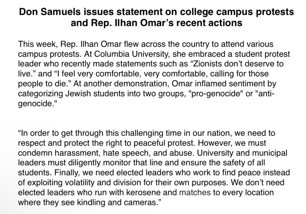 Rep. Ilhan Omar’s primary rival, Don Samuels, blasts the congresswoman for visit to Columbia and remarks against pro-Israel students. “We must condemn harassment, hate speech, and abuse.”