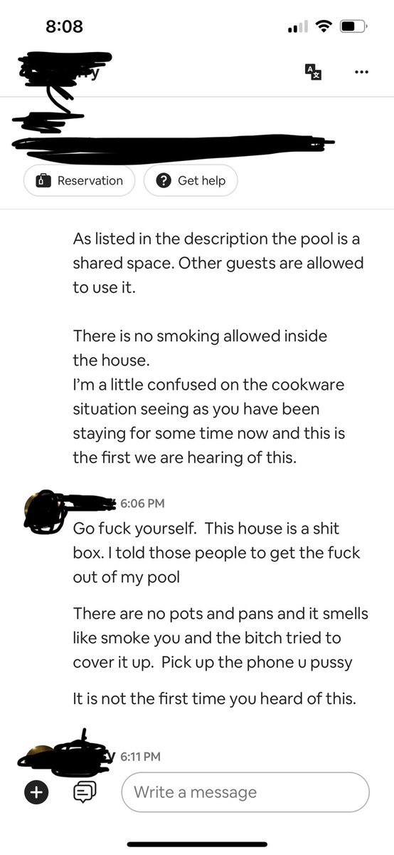 HaydenPeddle's tweet photo. It’s crazy what @Airbnb will allow guests to get away with. Absurd that a guest can talk to the hosts and other guests on the property like this. Airbnb support called it a “misunderstanding”. (This is a 5 star listing and we are multi year super hosts.) @bchesky @AirbnbHelp https://t.co/5Cc3LYrzpR
