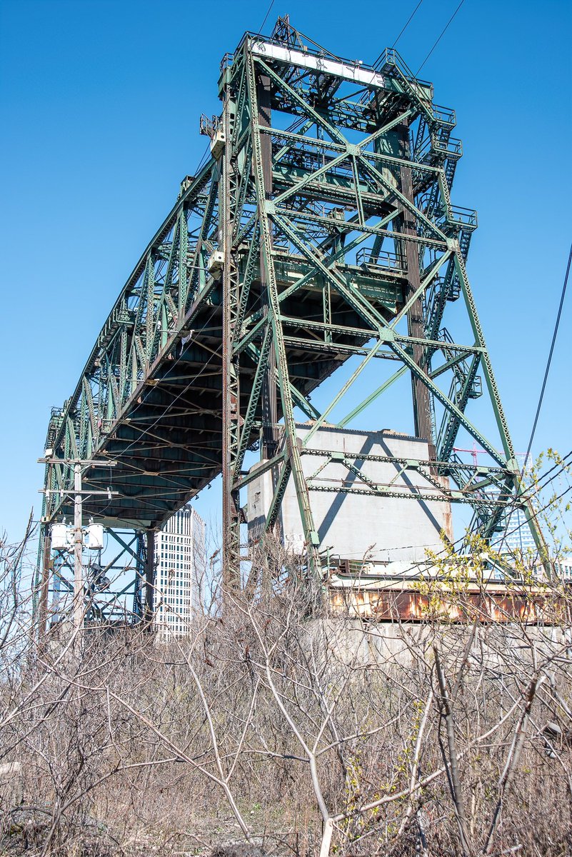 The long defunct Eagle Avenue lift bridge over the Cuyahoga River in Cleveland, Ohio.