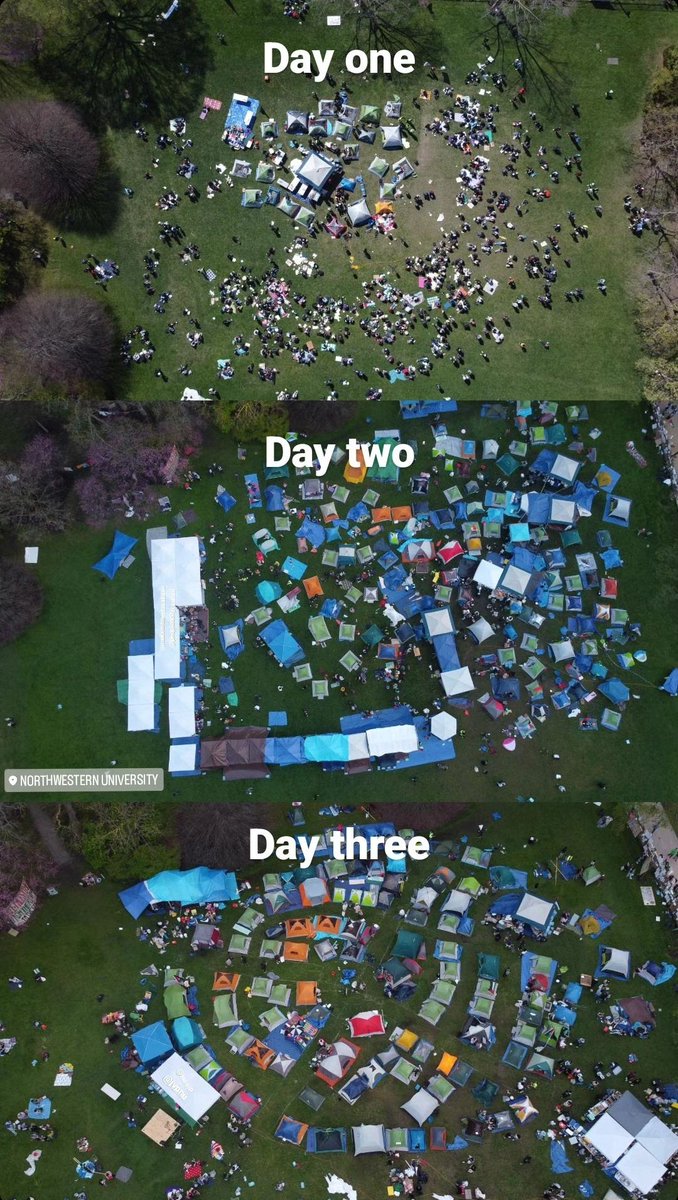 Not at the NU encampment right now, but these drone photos show how the camp's scale has grown and evolved since Thursday -- last photo is from today at 7:30pm. (Courtesy of @thechristianpr!)