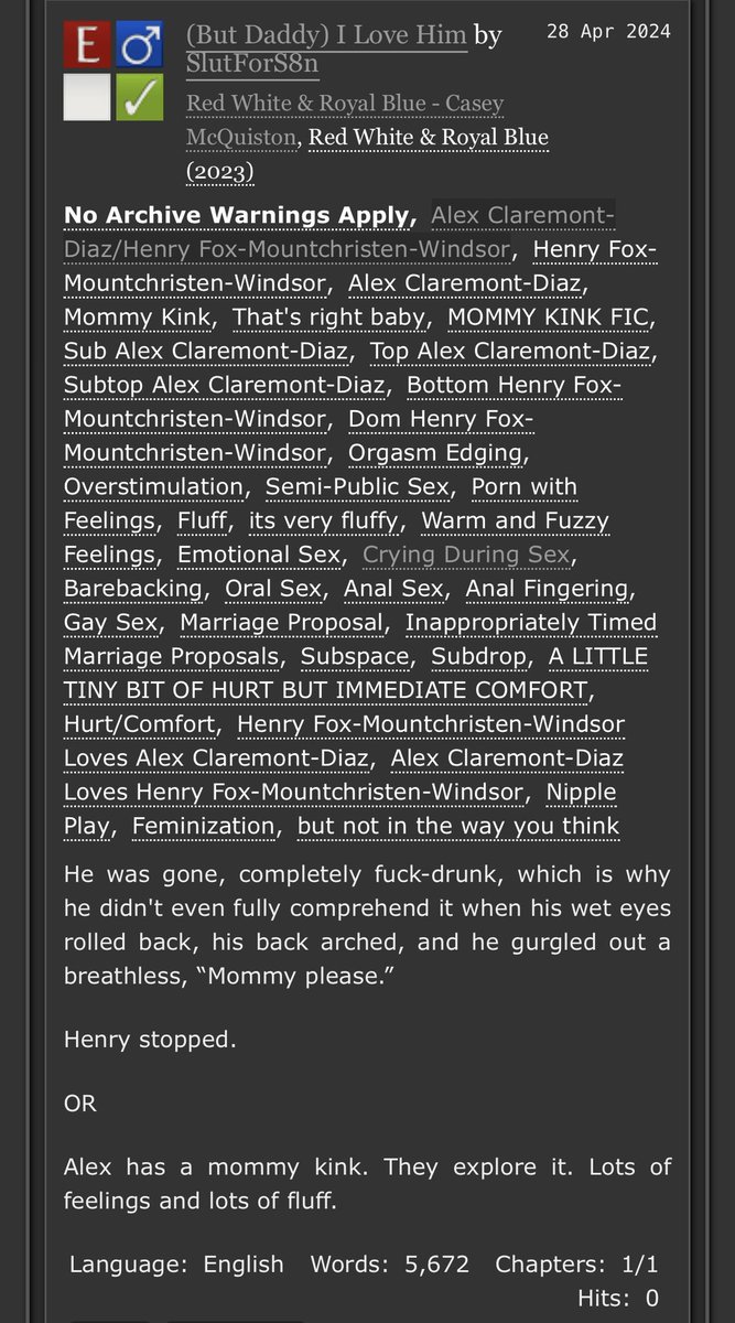 DeanBoyfriend's tweet photo. (But Daddy) I Love Him · 5.6k · Explicit 

SUBTOP ALEX MOMMY KINK. THATS THE FIC. It's SO fluffy. So much love and so many feelings. Lots of comfort (and sex). A little bit of crying but all happy tears! Henry taking care of Alex and Alex being so in love

https://t.co/VaSHep57p7 https://t.co/74iWE997O0