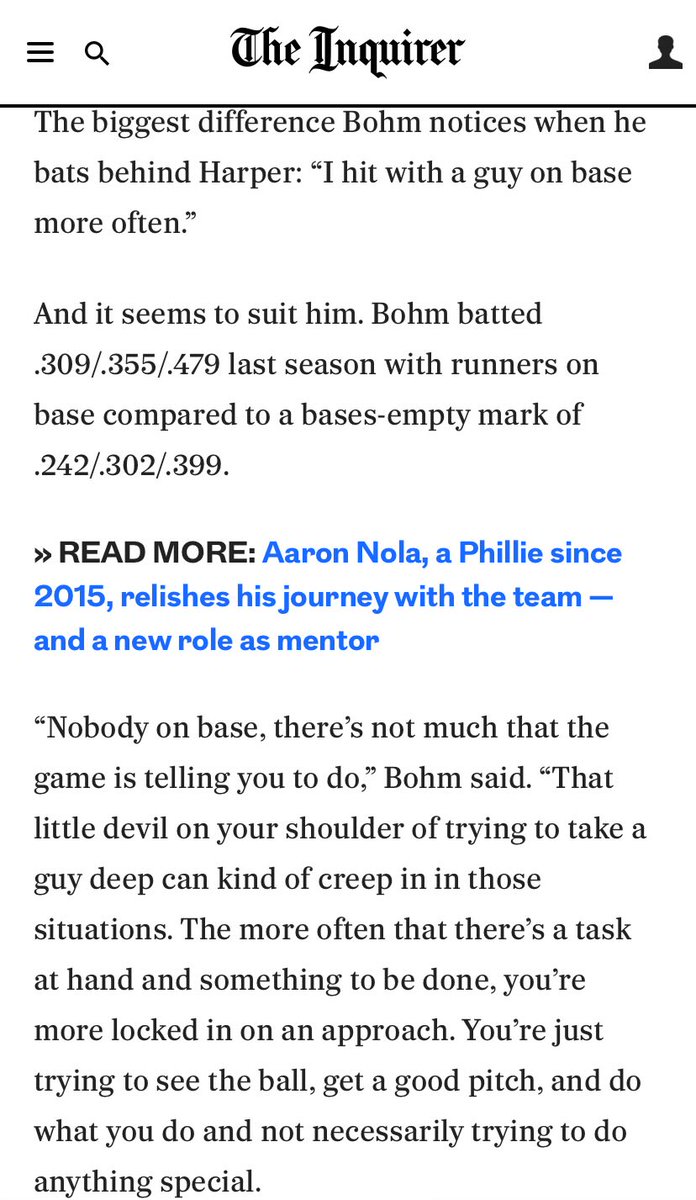 Alec Bohm has 26 RBIs in 28 games. Mentioned this to @inkstainedretch on the radio today, but Bohm explained to me in spring training why he seems to thrive with runners on base vs. when the bases are empty. (Full story: inquirer.com/phillies/phill…)