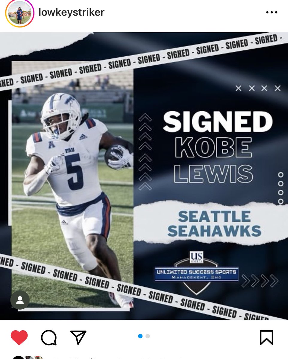 #FAU RB Kobe Lewis announces he has signed with the #SeattleSeahawks via his Instagram 

@FAUFootball @CP_Photo2004 @RLastellaReport @DrewScuilla @tschulmanreport