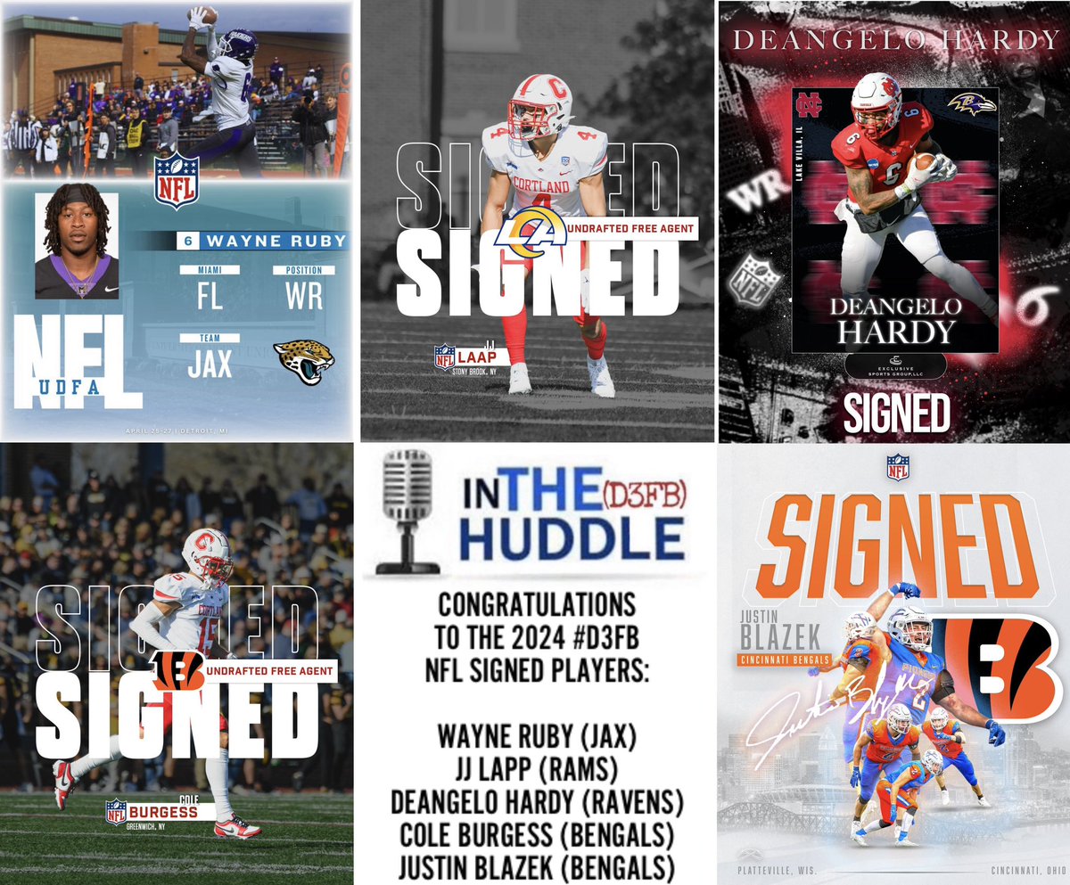 Frank Rossi (@frankrossi) on Twitter photo What a day for #d3fb!
At least FIVE D3 players have signed NFL free agent contracts after the completion of the NFL Draft!
- <a href="/Quick6Wayne/">Mr. Get Open</a> Ruby (<a href="/MountUnionFB/">Mount Union Football</a> —> Jacksonville)
- <a href="/jj_laap/">Jj Laap</a> (<a href="/CortlandFB/">SUNY Cortland Football</a> —> LA Rams)
- <a href="/DeAngelo_Hardy1/">6️⃣</a> (<a href="/football_ncc/">NCC Football</a> —> Baltimore)
- What a day for #d3fb!
At least FIVE D3 players have signed NFL free agent contracts after the completion of the NFL Draft!
- <a href="/Quick6Wayne/">Mr. Get Open</a> Ruby (<a href="/MountUnionFB/">Mount Union Football</a> —> Jacksonville)
- <a href="/jj_laap/">Jj Laap</a> (<a href="/CortlandFB/">SUNY Cortland Football</a> —> LA Rams)
- <a href="/DeAngelo_Hardy1/">6️⃣</a> (<a href="/football_ncc/">NCC Football</a> —> Baltimore)
-