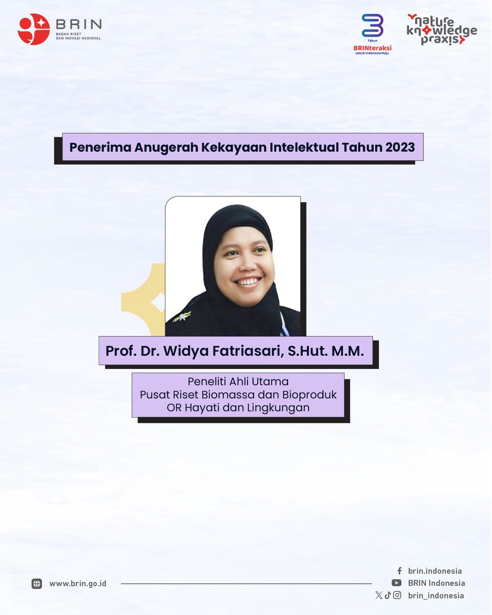 Anugerah Kekayaan Intelektual diberikan kepada periset BRIN yang memiliki Hak Kekayaan Intelektual (HKI) dengan capaian nilai royalti tertinggi secara akumulatif satu tahun.

#PenghargaanPerisetdanSDMIptekBRIN #AnugerahKekayaanIntelektual
#3TahunBRINteraksi