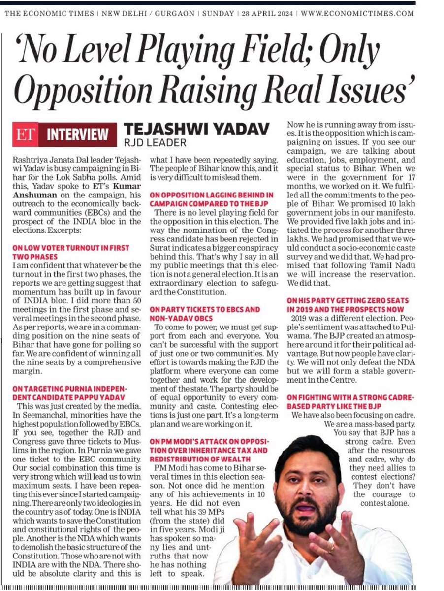 No level playing field for opposition. There seems to be a larger conspiracy behind rejection of nomination of Cong candidate in Surat. Opposition raising real issues, RJD leader @yadavtejashwi in an interaction with @ETPolitics m.economictimes.com/news/elections…