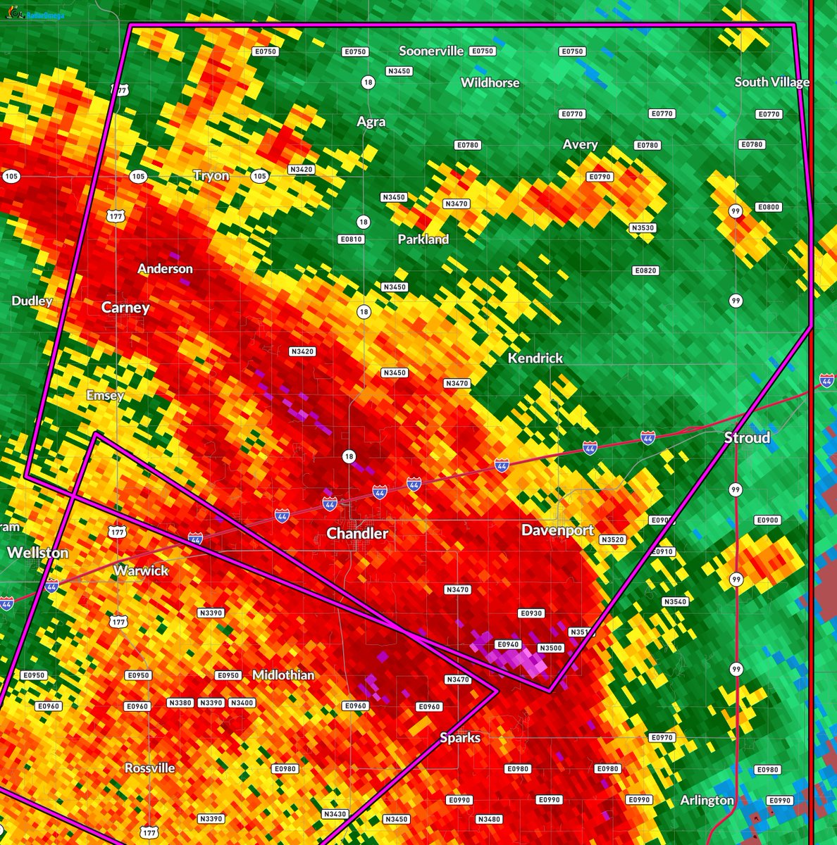 ryanhallyall's tweet photo. Confirmed Tornado Warning continues for Chandler OK, Davenport OK and Carney OK until 11:00 PM CDT. Seek Shelter!
We're tracking this using @RadarOmega LIVE now: https://t.co/KNlPZc2Ix6 https://t.co/1WFjz6cHHl