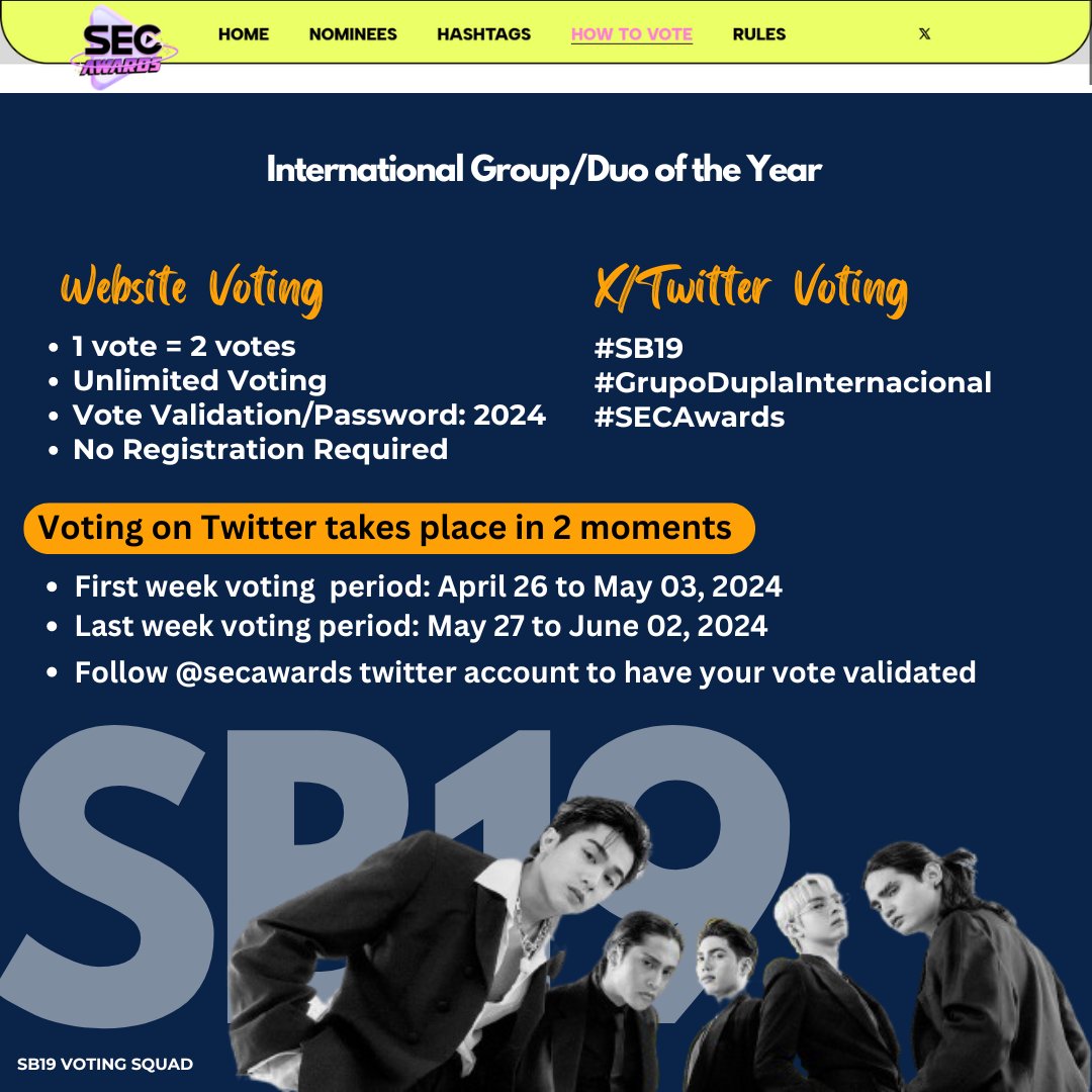 [ Voting Reminder ] SEC AWARDS 🗓 D3 Good day! We encourage everyone to also vote @SB19Official on their voting site as this is weigh 1 vote = 2 votes. Thank you #SB19 #GrupoDuplaInternacional #SECAwards Website voting: secawards.seriesemcena.com.br/grupo-dupla-in…