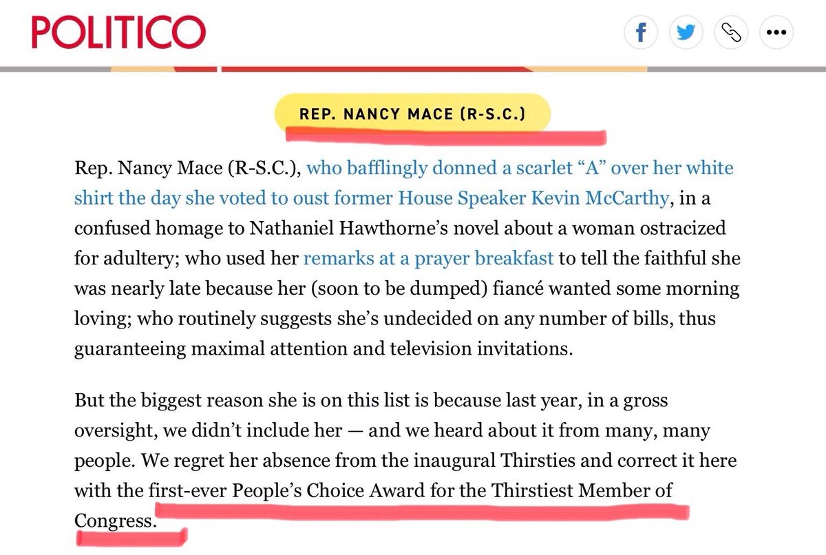 I couldn’t agree more…@RepNancyMace is the thirstiest member of Congress. She may be proud of that moniker, but as her constituent, I’m ashamed. Please support @MacDeford for #SC01. He’s an honorable veteran with a servant’s heart. #BackMac #SCpol politico.com/news/magazine/…
