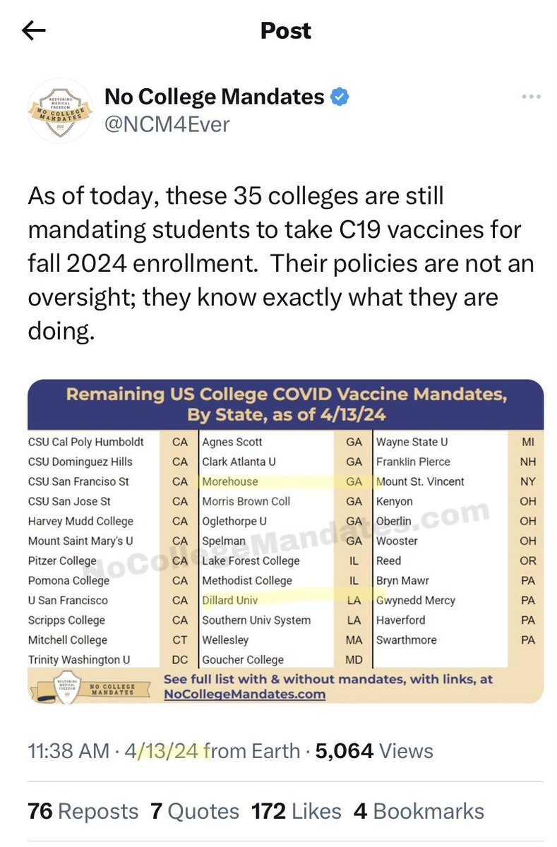 16 Apr 2021: “Just days ago, (Dillard U. President) Dr. Walter Kimbrough lost his brother to the Coronavirus. His name was Wayne Martin Kimbrough.” Dillard is 1 of~35 colleges which maintains a Covid-19 vax mandate for students. wwltv.com/article/news/h… Refs at end. 🧵 1/~95