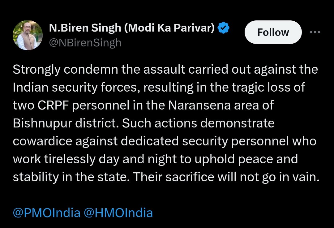 Who is this man condemning?
The attack took place at Naransena, a place in the valley district of Bishnupur where Meitei militias Arambai Tenggol & UNLF rule absolute.
And we all know whose handiwork is the creation of Arambai Tenggol and who brought into mainstream the UNLF.
