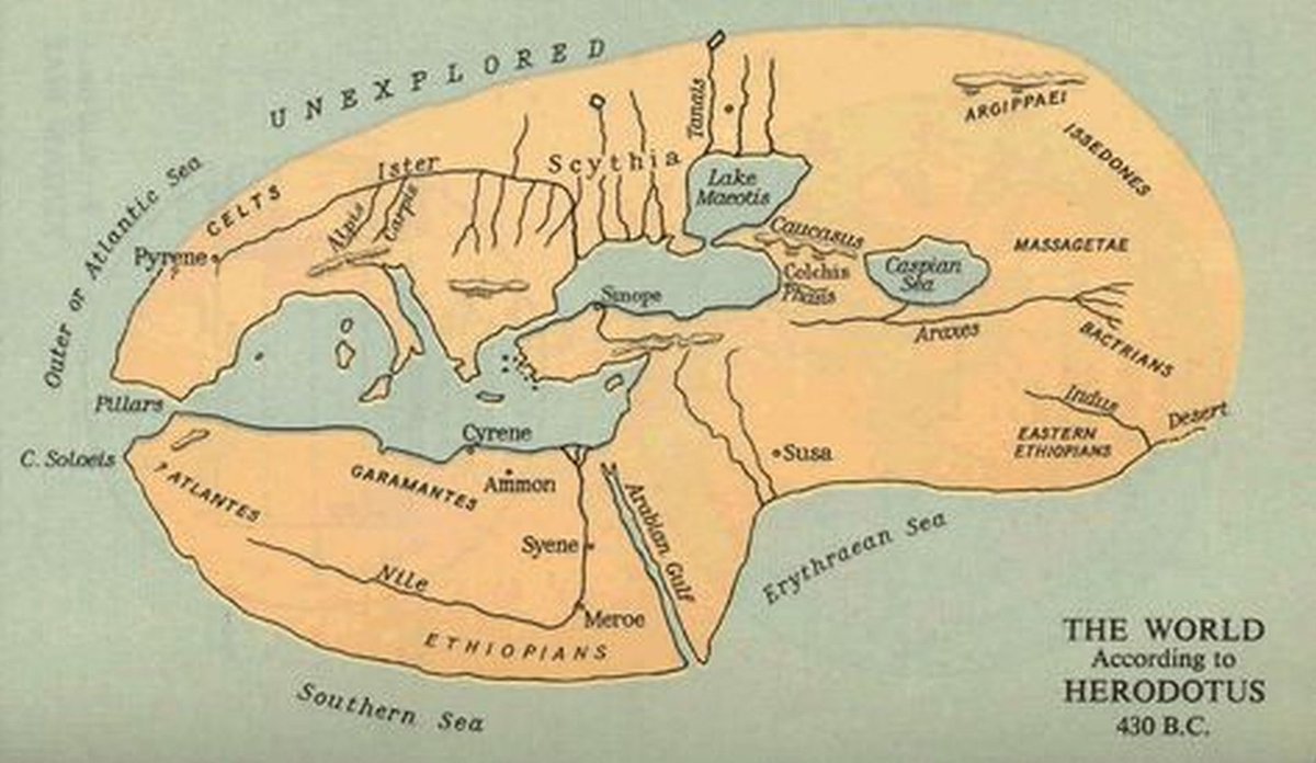 خريطة العالم كما كانت معروفة لدى المؤرخ اليوناني هيرودوت هاليكارناسوس (484-425 قبل الميلاد).