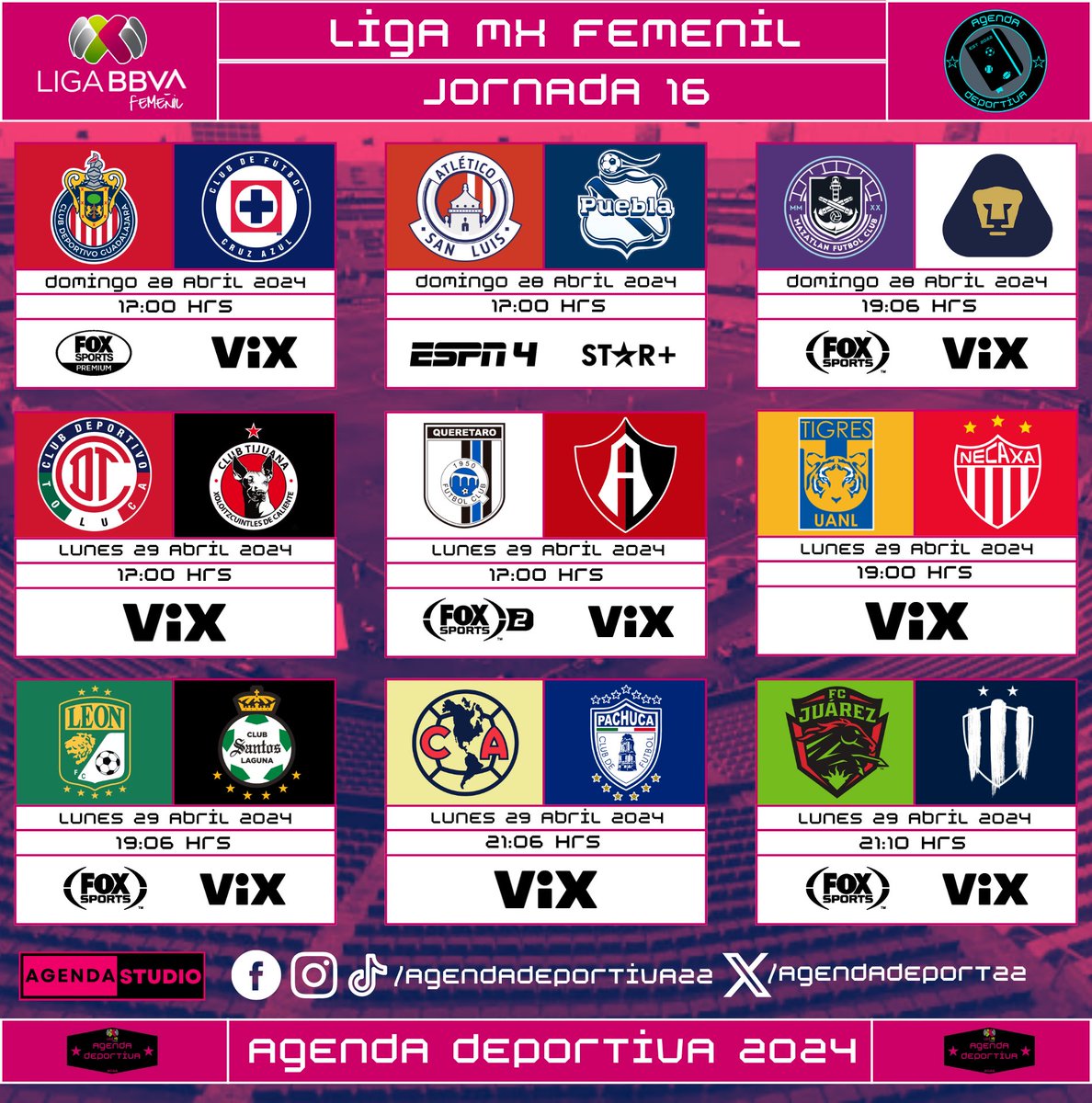 Liga BBVA Mx Femenil
Jornada 16
Transmisión: México 
⚠️Programación Sujeta a Cambios⚠️
#LigaMxFemenil
#Jornada16
#AgendaDeportiva