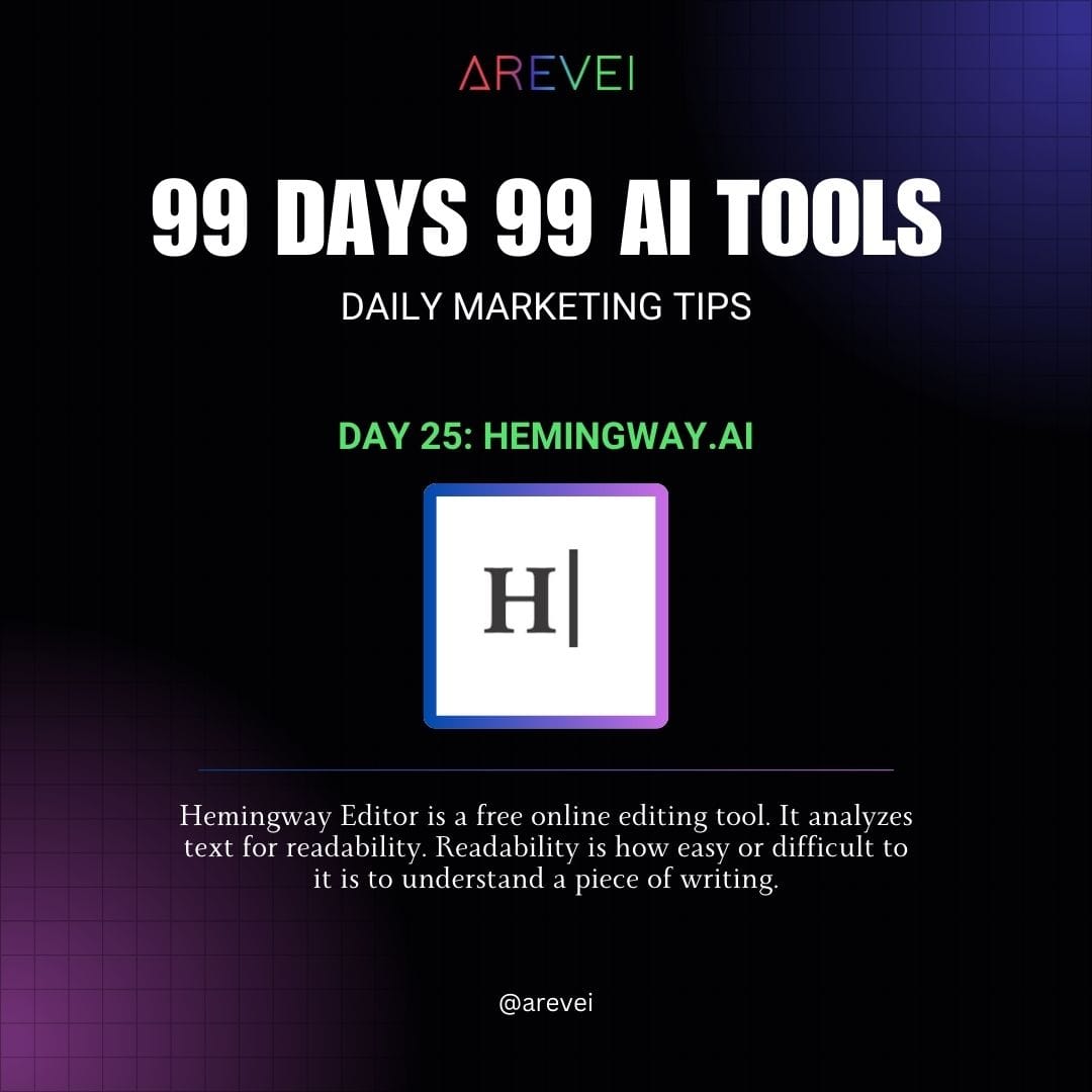 Daily AI Marketing Tips :-

➡️Day 25 : Hemingway

Follow @areveiofficial for more.
.
.
.
#hemingway #editor #AITool #marketingtips #branding #marketing #digitalmarketing #digitalagency #arevei