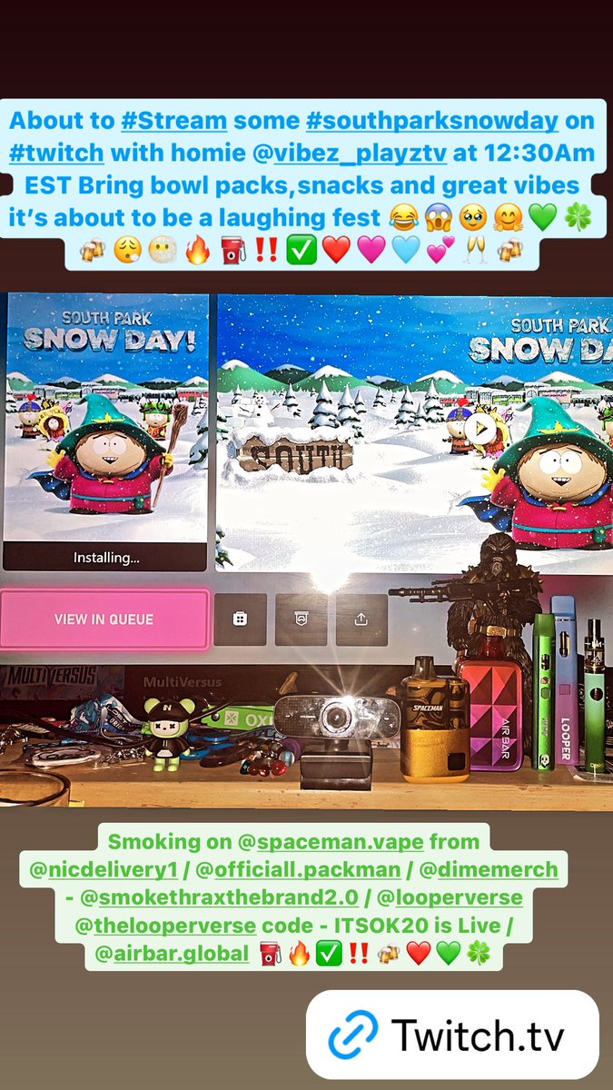 #StonerFam #TwitchFam #vapecommunity #Twitchcommunity I’m about to start up a #Stream on #twitch playing some #Southparksnowday with homie @Vibez_Playztv 😎😱‼️🔥⛽️✅ Bring bowl packs,snacks and great vibes !! It’s about to be a laugh fest I hope to see y’all tap in…