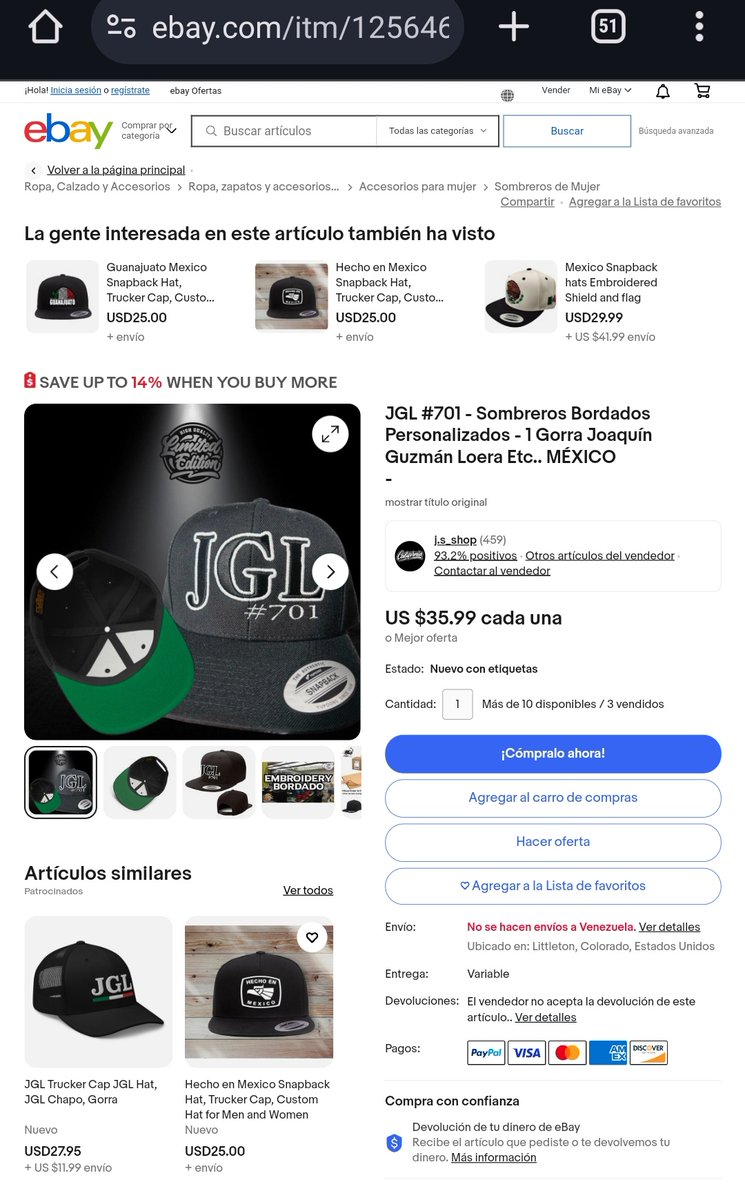 En la EBAY (EEUU) venden la gorra del Chapo Joaquín Guzmán Loera en $36 @NTN24 @AlertaNews24 @cazamosfakenews @RevistaSemana no vieron ese detallito. Lo que queda claro es que el FINANCIAMIENTO de la oposición Venezolana proviene del Narcotráfico Mexicano.