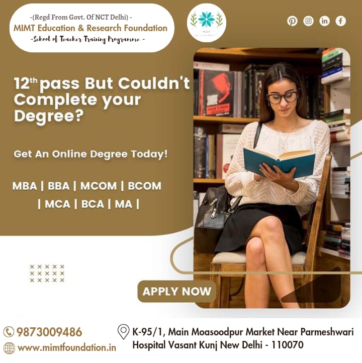 Are You a 12th Pass, but couldn't complete your degree? Get an Online Degree Today! MBA | BBA IM.COM | MCA | BCA | MA | BA | Apply Now! For more information visit: www.mimtfoundation.inor Call: 9873009486
 #education  #bestuniversity #pgcourses #ugcourses #BCOM