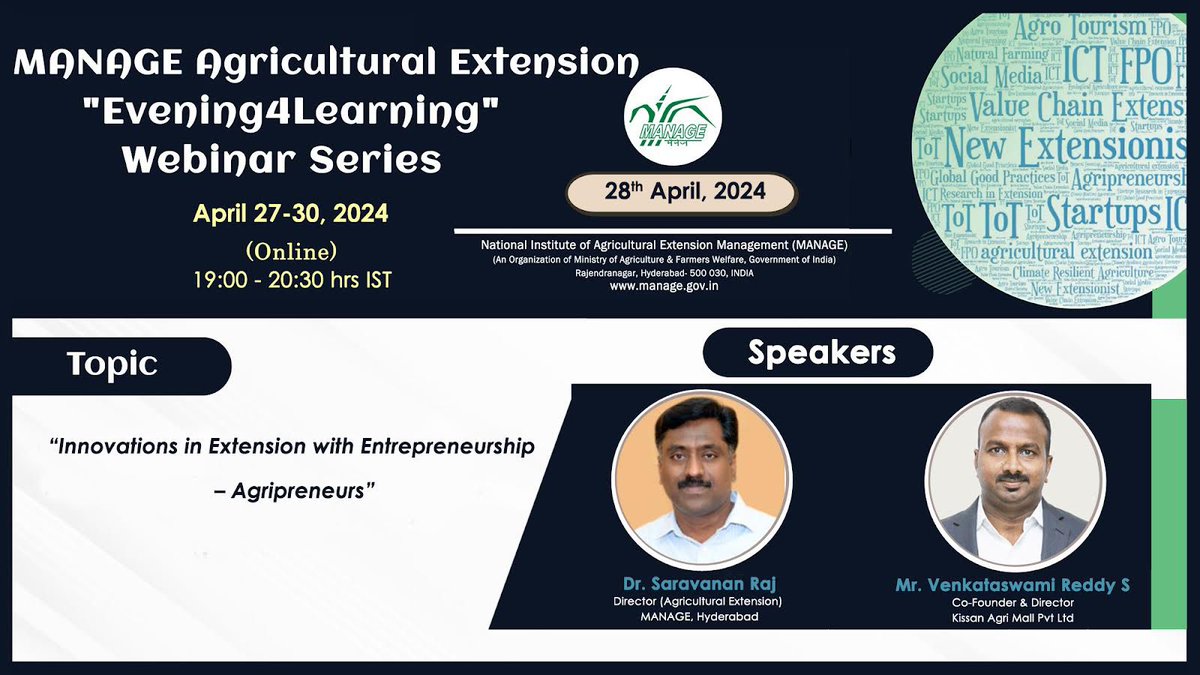 Join us for the MANAGE Agricultural Extension 'Evening4Learning' Webinar series.
 
📅 April 28th 2024
⏲ 19:00 - 20:30 hrs IST

 Topic : 'Innovations in Extension with Entrepreneurship - Agripreneurs' 

Join via : lnkd.in/gciWkqcr