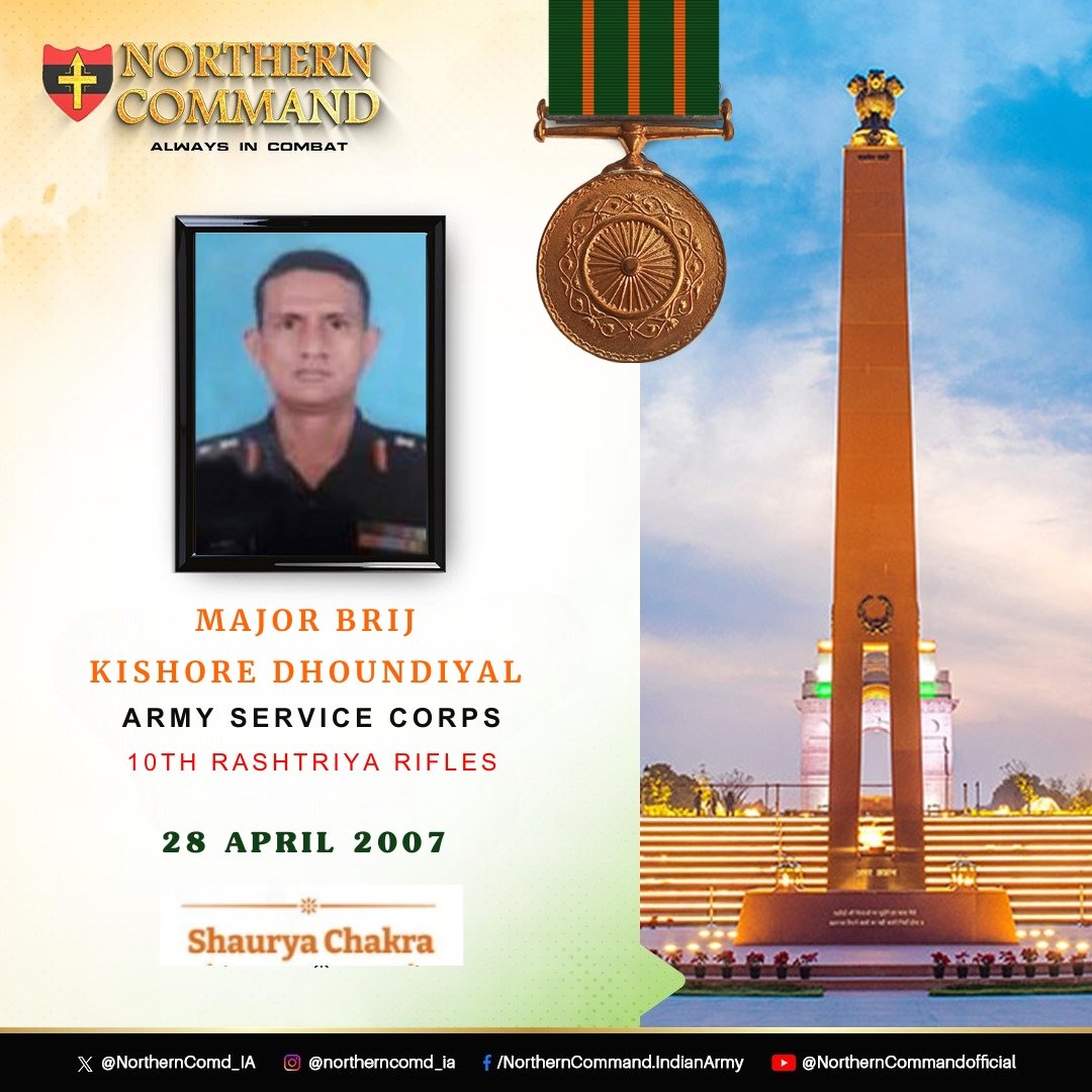 28 April 2007

#JammuAndKashmir

Major Brij Kishore Dhoundiyal of 10 Rashtriya Rifles led an operation in Doda J&K. He displayed conspicuous courage and leadership by successfully eliminating three terrorists during the operation.

Awarded #ShauryaChakra 

#RememberAndNeverForget