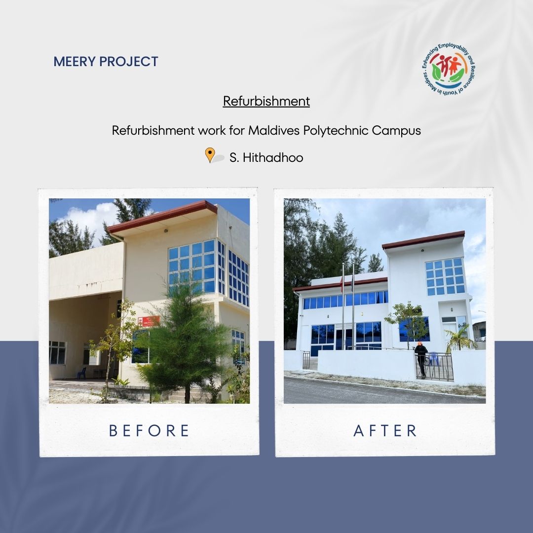 Refurbishment update: S. Hithadhoo campus of Maldives Polytechnic has undergone a transformation with the support of the MEERY project. Our goal is to improve the facilities and create an even better learning environment for students! #MaldivesPolytechnic #MEERYproject