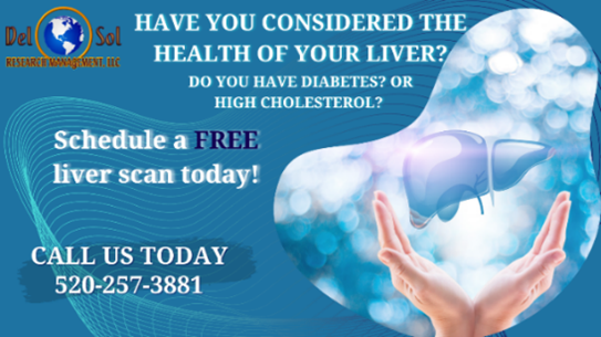 Have you considered the health of your liver lately? Schedule a FREE liver scan today!

Call (520) 257-3881 or click the link below to learn more:
delsolresearch.com/studies/#!/stu…

@DelSolResearch
#fibroscan #liverscan #tucson #tucsonaz #diabetes #highcholesterol #ad