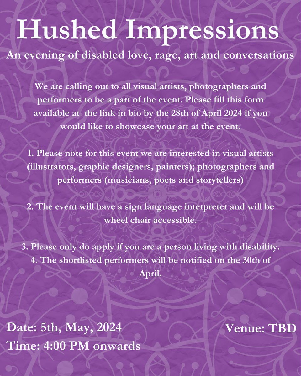Believe In The Invisible (@believeinvisibl) on Twitter photo Attention Artists with Disability! 
Believe in the Invisible & Forbidden Verses are looking for artists for their upcoming event on 5th May in Delhi.
To present your work, register for FREE here- forms.gle/Q4okGKcd5yqvtP…
Shortlisted people will be contacted on 30th April. 
HURRY!! Attention Artists with Disability! 
Believe in the Invisible & Forbidden Verses are looking for artists for their upcoming event on 5th May in Delhi.
To present your work, register for FREE here- forms.gle/Q4okGKcd5yqvtP…
Shortlisted people will be contacted on 30th April. 
HURRY!!