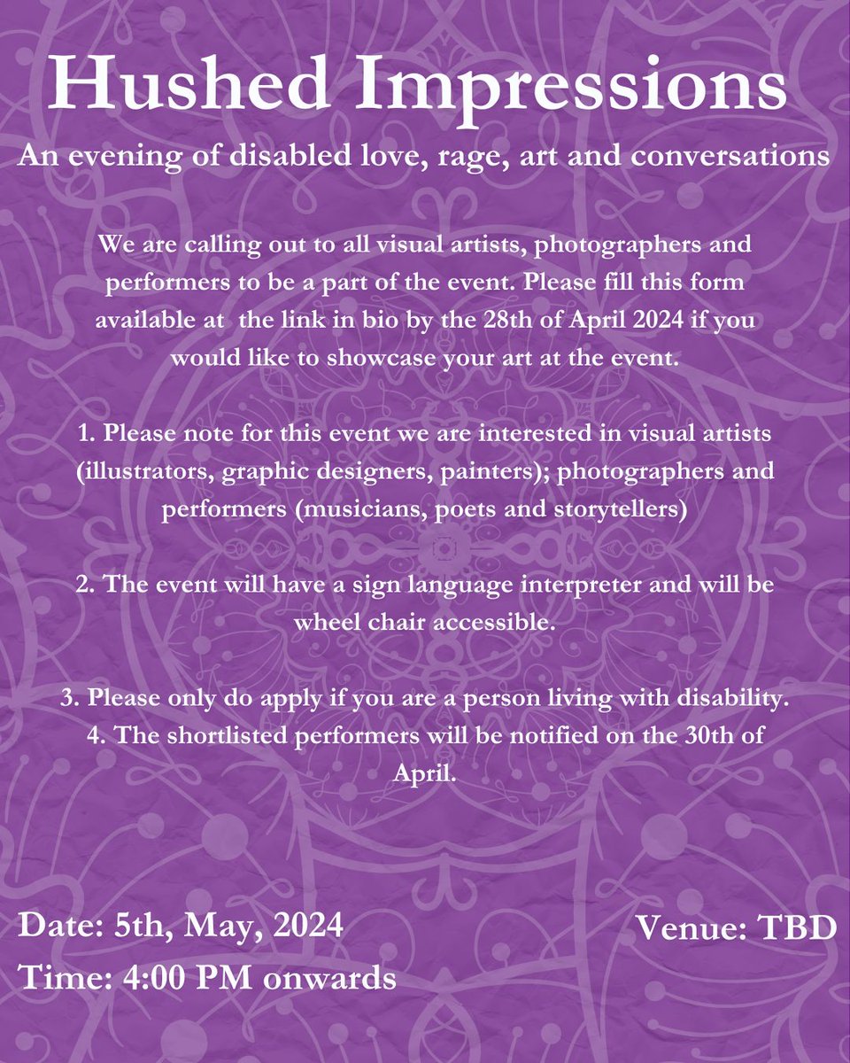 Attention Artists with Disability! Believe in the Invisible & Forbidden Verses are looking for artists for their upcoming event on 5th May in Delhi. To present your work, register for FREE here- forms.gle/Q4okGKcd5yqvtP… Shortlisted people will be contacted on 30th April. HURRY!!
