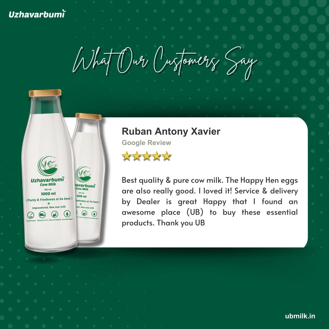 It's reviews like these that truly make our day! Thank you to our wonderful customer for sharing your satisfaction with us. Your trust fuels our passion to deliver excellence every time. 
.
.
#CustomerDelight #Uzhavarbumi #WeServeWhatYouDeserve #freshmilk #happycustomer