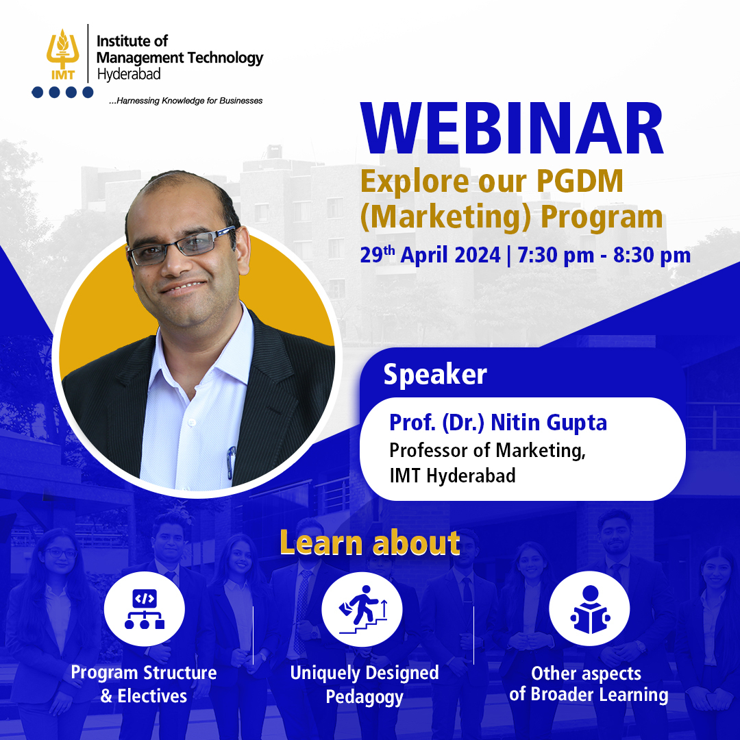 imthyd's tweet image. Explore the essence of our PGDM Marketing Program with Prof. Nitin Gupta, as he delves into its structure, features, and career prospects. Don&apos;t miss this insightful webinar experience. Register Now: bit.ly/3Uhqle7

#IMTHyderabad #Webinar #PGDMProgram #FutureLeaders