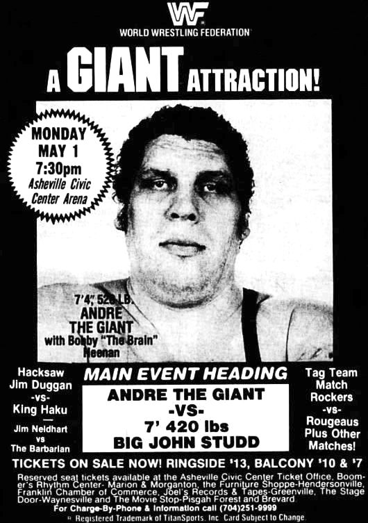 On this day in 1989: A Giant WWF attraction at the Asheville Civic Center, North Carolina! 🤼 #WWF #WWE #Wrestling #BigJohnStudd #AndretheGiant