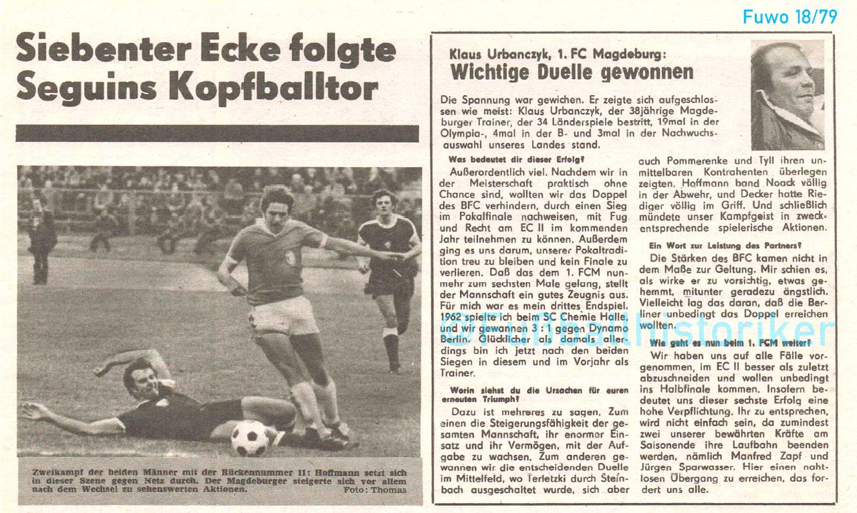 @BFCDynamo 2/2…im Jahr zuvor, am 29.4.78, hatte der FCM gewonnen, Damals siegte er 1:0 gegen @DynamoDresden. Der #1FCMagdeburg wird damit die einzige DDR-Mannschaft, die den Pokal zweimal erfolgreich verteidigt, 1965 und 1979. #DDRFußballkalender