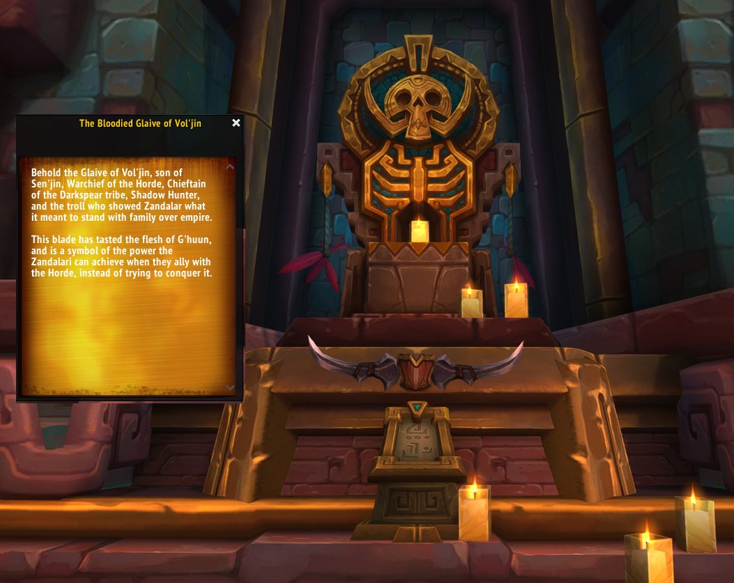 So before you had Vol'jin's ashes and his glaive, both in his home with his people.....and now the glaive is a symbol for the Zandalari....and his ashes are in the Necropolis (or players' bank)