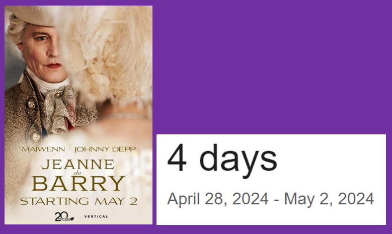 Pleasant_Meadow's tweet photo. HAPPENING LATER THIS WEEK! ๐บ๐ธ๐ฌ๐
Countdown to USA ๐บ๐ธ release of #JeanneDuBarry #film w/ #JohnnyDepp & #Maiwenn. ๐บ๐ธ๐ฌ๐
Check your local theaters or links below for info./tix!
https://t.co/ti6OGdmBeX
https://t.co/qY0DksKDCm
https://t.co/igI2z4BLAV
https://t.co/1jebVtIvxX https://t.co/Ou49YosjJ5