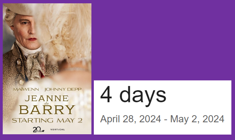 HAPPENING LATER THIS WEEK! 🇺🇸🎬👑 Countdown to USA 🇺🇸 release of #JeanneDuBarry #film w/ #JohnnyDepp & #Maiwenn. 🇺🇸🎬👑 Check your local theaters or links below for info./tix! showtimes.com/movies/jeanne-… fathomevents.com/events/jeanne-… jeannedubarry.film fandango.com/jeanne-du-barr…