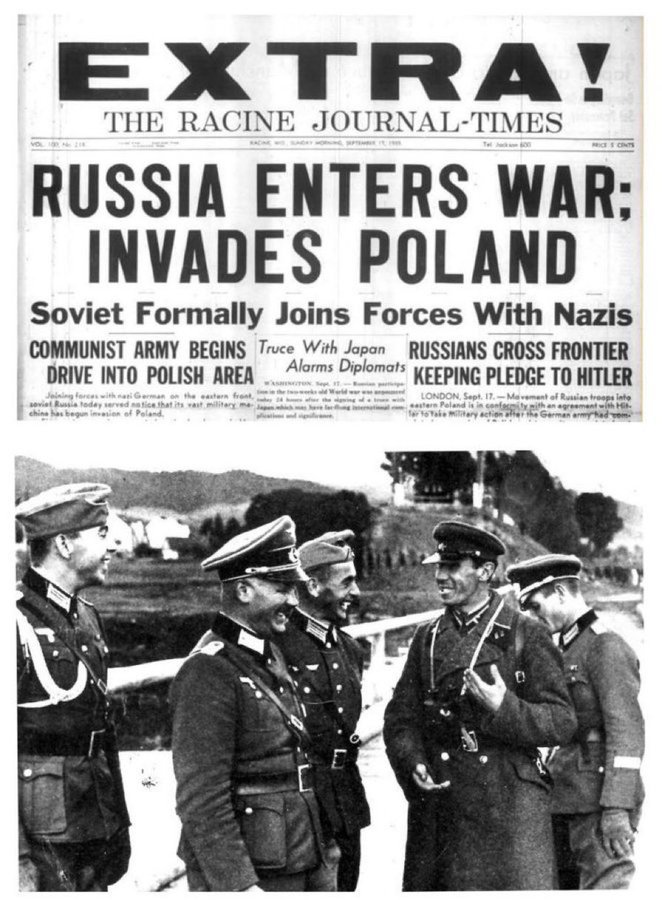 Russians and German Nazis were allies and started World War 2 by invading Poland together in September 1939. On May 9th, Russia will continue the cover up of this history during the annual military parade by pretending to have saved the world from Nazism.