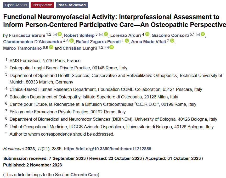 ☀️#HotPaper #mdpihealthcare✔️ 'Functional #Neuromyofascial Activity: Interprofessional Assessment to Inform Person-Centered Participative Care—An #Osteopathic Perspective' @ConsortiGiacomo 📌Find the full paper here: mdpi.com/2227-9032/11/2…